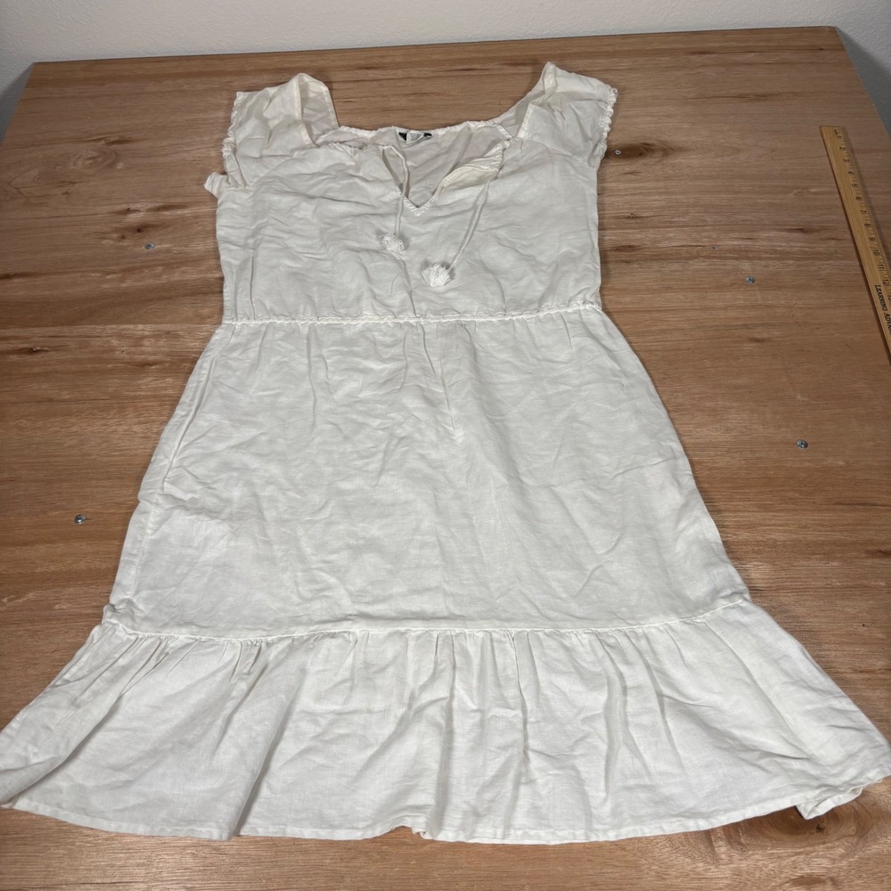J.Crew White Linen Cotton Blend Tassel Tie Ruffle Hem Dress Medium RN77388